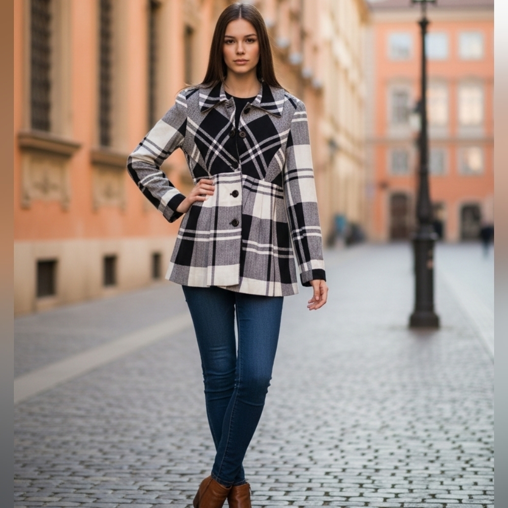 Sandro Women's Black White Plaid Fitted Lined Sportswear Jacket Size M